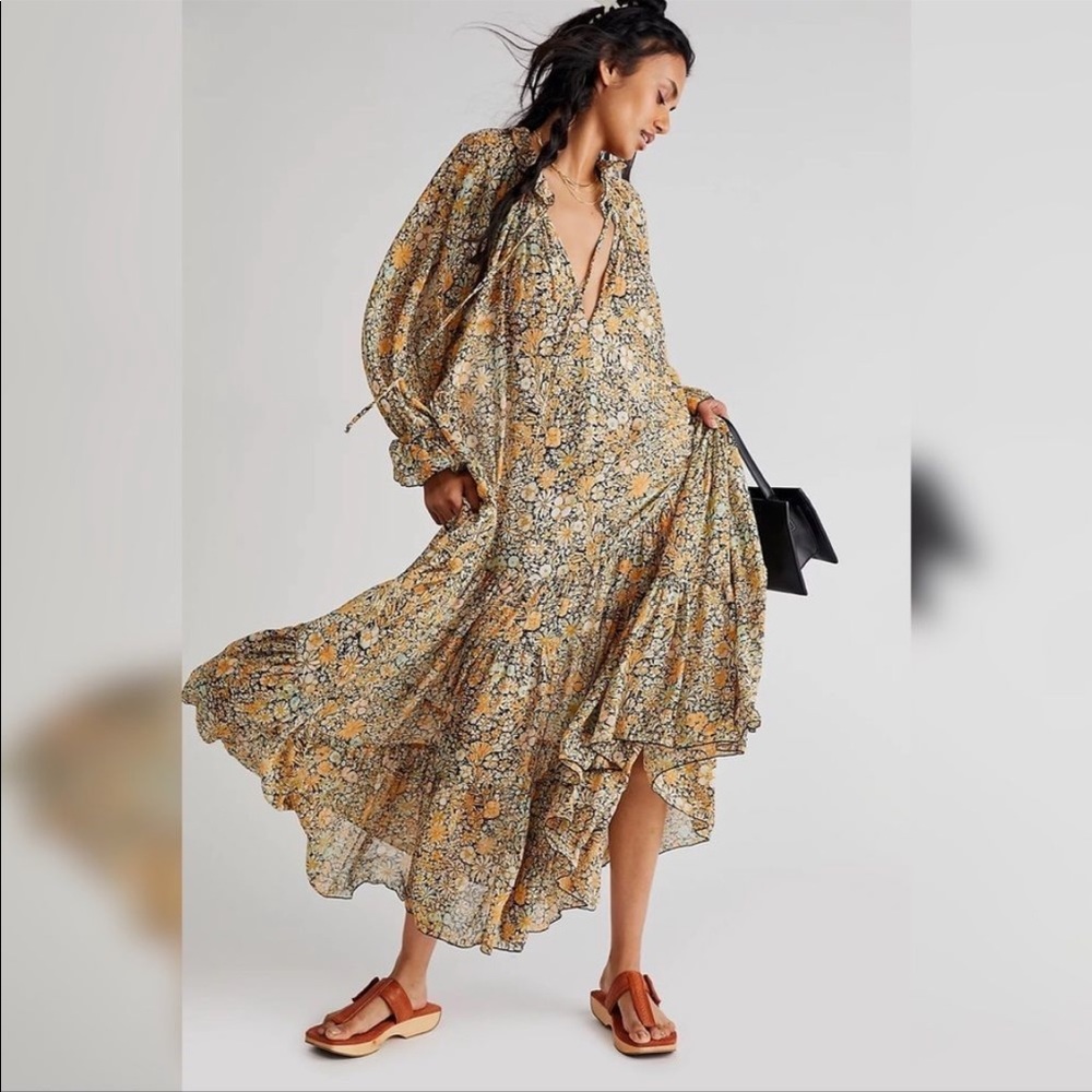 NWT Free People Feeling Groovy Black Combo Medium maxi dress Sz Large